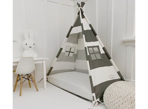 Play Tent Canopy Bed in Grey and White Stripe