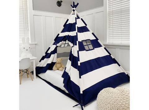 Play Tent Canopy Bed in Navy Blue and White Stripe Canvas WITH Doors