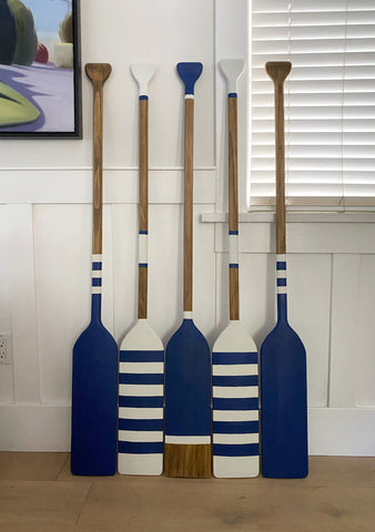 Custom Painted Paddle Wall Decor Set of 5 — Navy & White Nautical Stripe Design