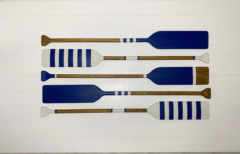 Custom Painted Paddle Wall Decor Set of 5 — Navy & White Nautical Stripe Design