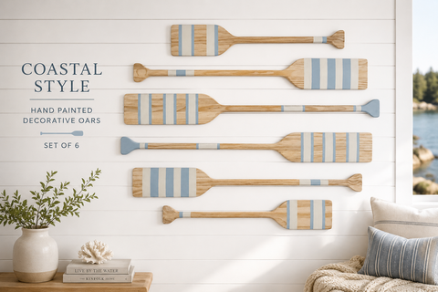 Painted Paddle Set | 6 Decorative Oars | Coastal Beach House Wall Art | Coastal Blue | Lake House Decor