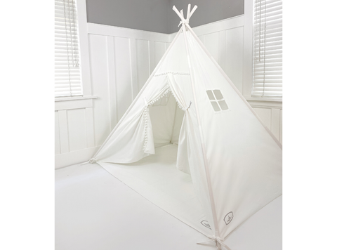 Play Tent Canopy Bed in White Canvas with POM POM TRIM