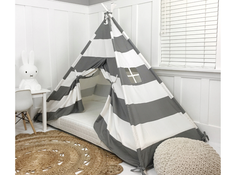 Play Tent Canopy Bed in Grey and White Stripe WITH Doors