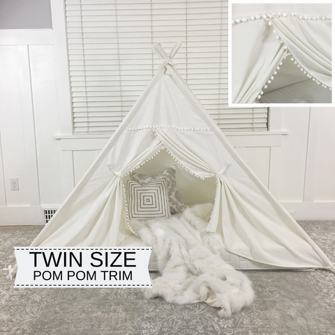 Play Tent Canopy Bed in White Canvas with POM POM TRIM